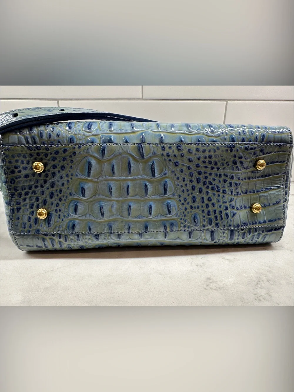 Blue Croc-Embossed Leather Satchel with Removable Strap